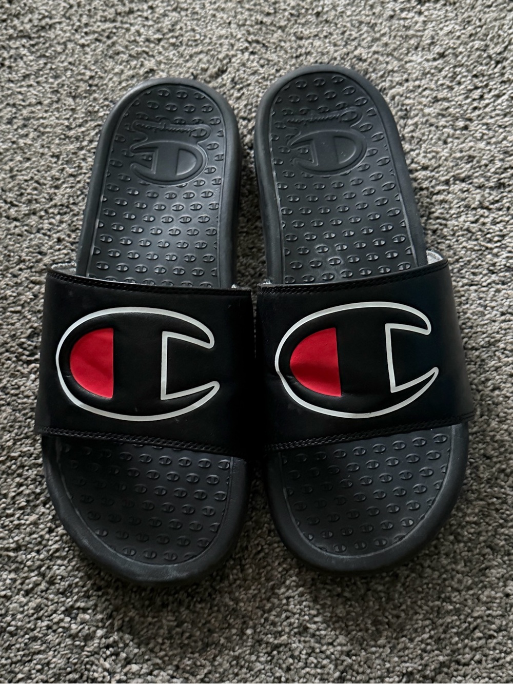 Champion Black Slide Sandals with Red Logo Accent